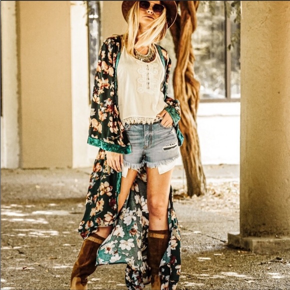 TEAL FLORAL BOHEMIAN OPEN FRONT MAXI LENGTH KIMONO - Picture 2 of 8